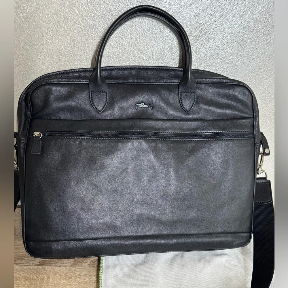 Longchamp Black Leather Colorful Stripes Briefcase and Pouch Set Signature